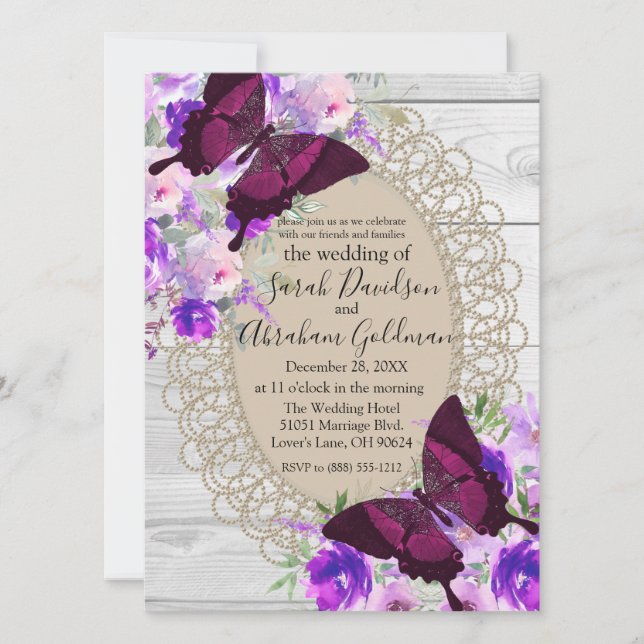 Invitación Boda de mariposas de encaje de madera blanca (Anverso)