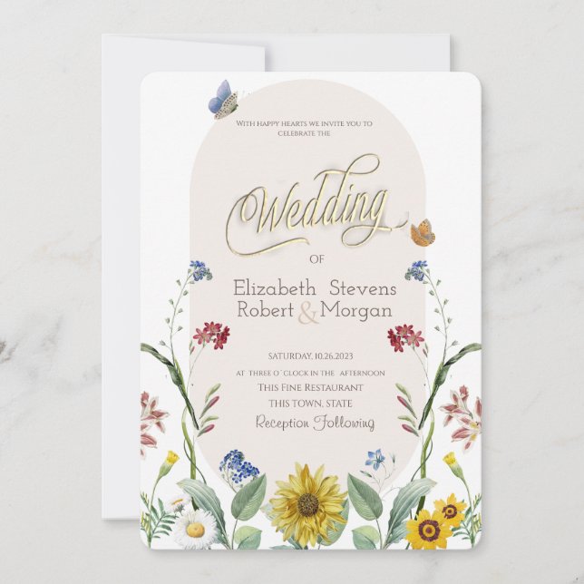Invitación Boda de mariposas de girasol silvestre (Anverso)