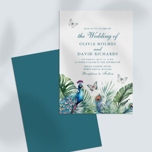 Invitación Boda de mariposas de plumas tropicales de pavo rea