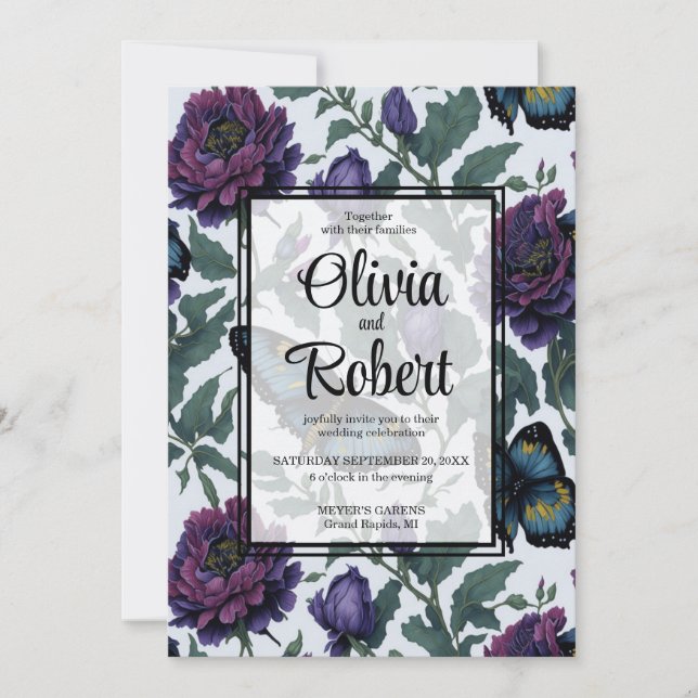 Invitación Boda de mariposas florales de magenta púrpura vene (Anverso)