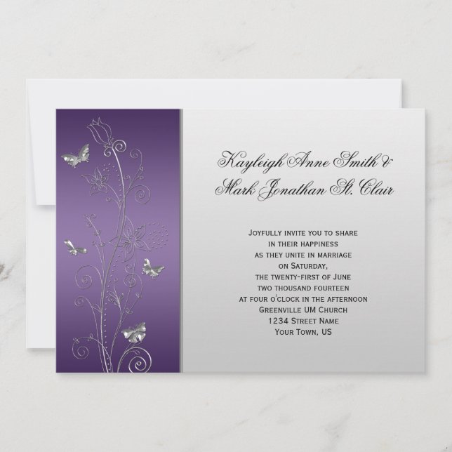 Invitación Boda de mariposas florales moradas (Anverso)