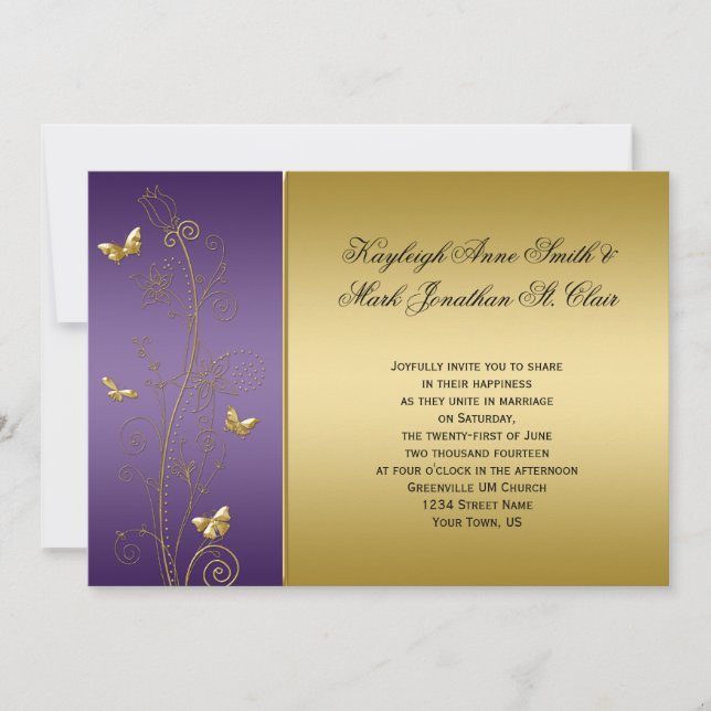 Invitación Boda de mariposas florales moradas y doradas (Anverso)
