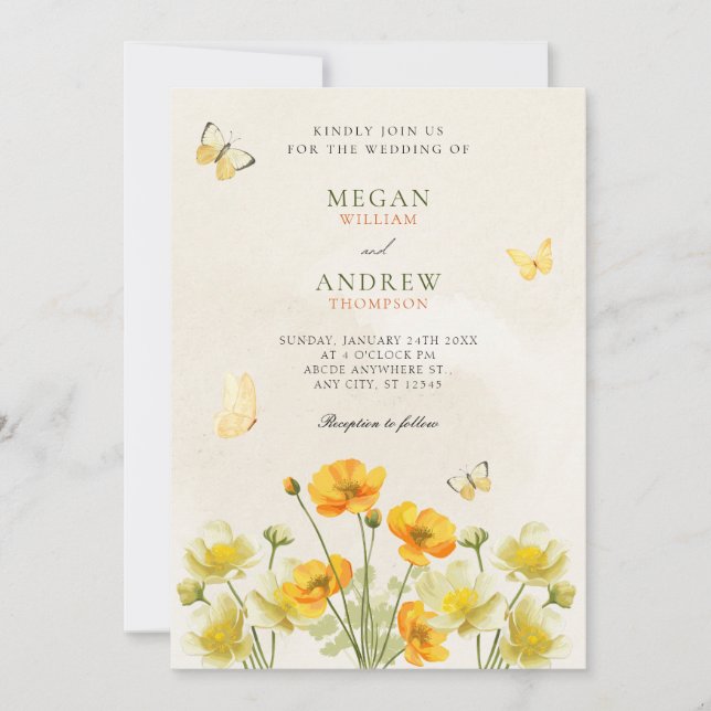 Invitación Boda de mariposas floridas amarillas (Anverso)