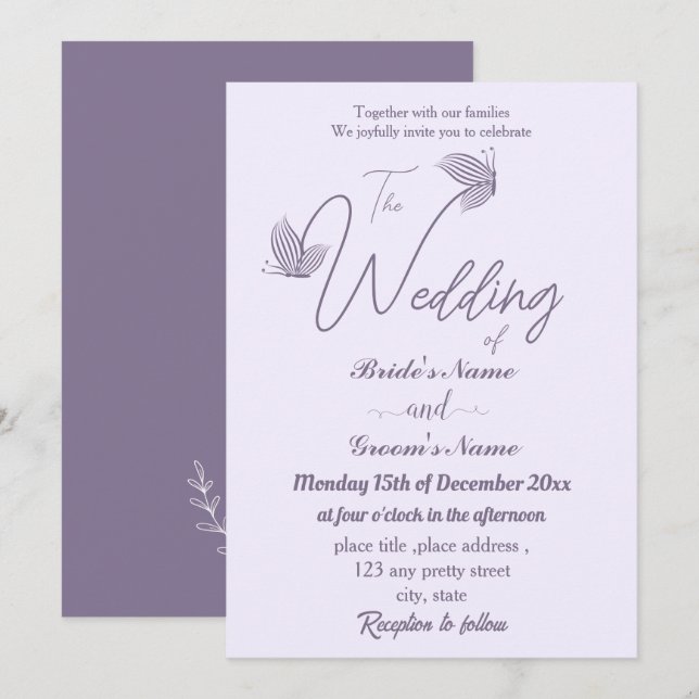 Invitación Boda de mariposas malvas románticas y elegantes (Anverso / Reverso)