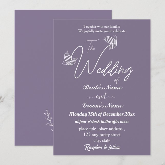 Invitación Boda de mariposas malvas románticas y elegantes (Anverso / Reverso)