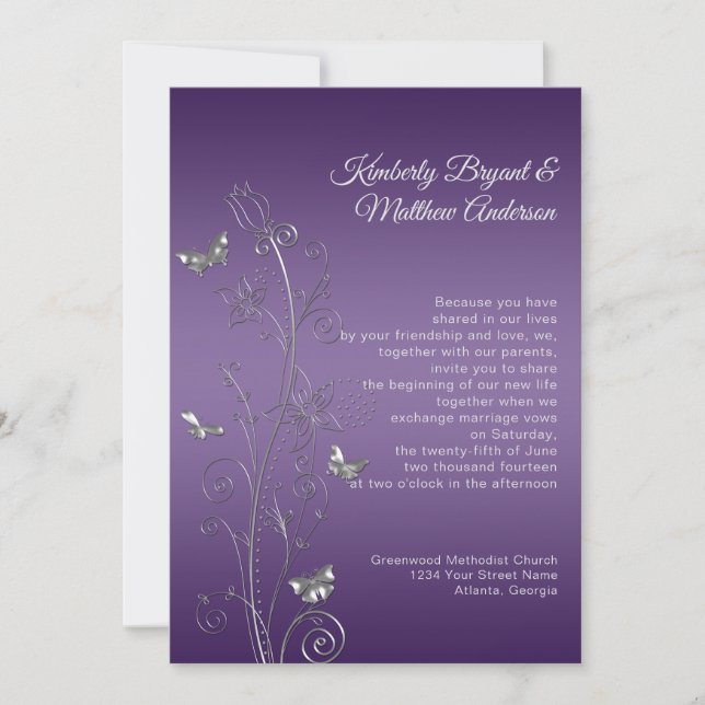 Invitación Boda de mariposas ornadas de gradiente morado (Anverso)
