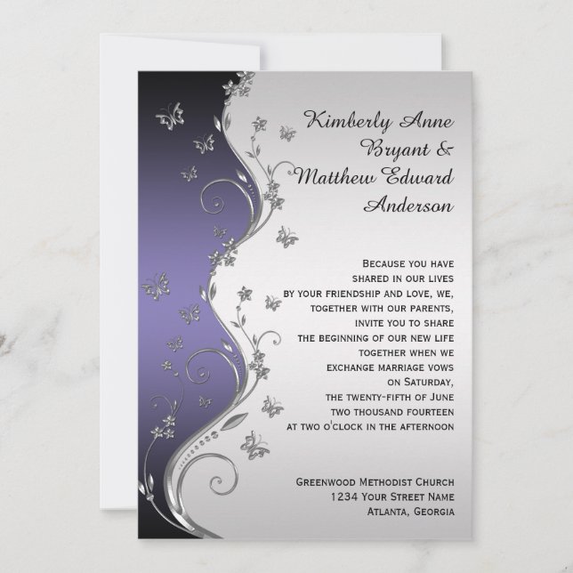 Invitación Boda de mariposas ornadas de gradiente morado (Anverso)