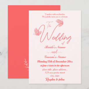 Invitación Boda de mariposas rosadas de coral elegante y romá