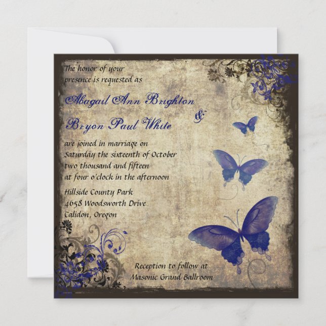 Invitación Boda de mariposas Royal Blue Vintage (Anverso)