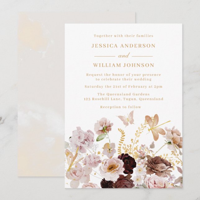 Invitación Boda de mariposas Rubor y Rosa Gold Floral Peony (Anverso / Reverso)