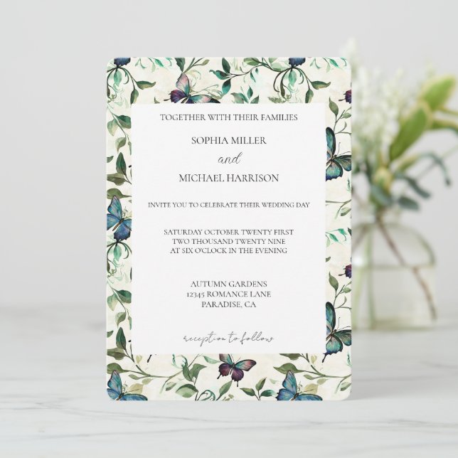 Invitación Boda de mariposas tropicales azules (Anverso de pie)