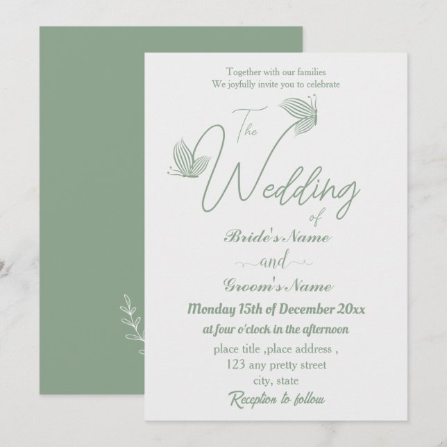 Invitación Boda de mariposas verdes románticas y elegantes (Anverso / Reverso)