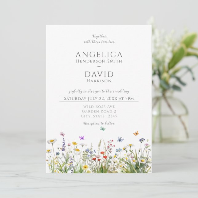 Invitación Boda de mariposas Whimsical Wildflowers (Anverso de pie)