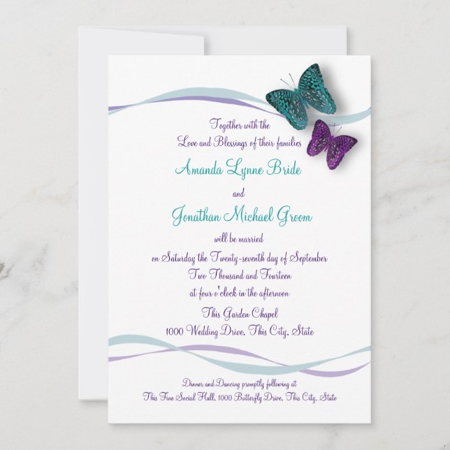 Invitación Boda de mariposas y cintas (Anverso)