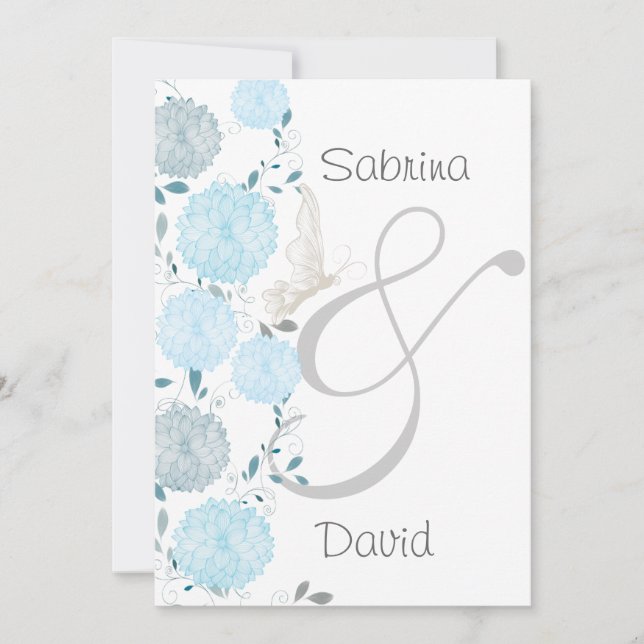 Invitación Boda de mariposas y crisantemas azules (Anverso)