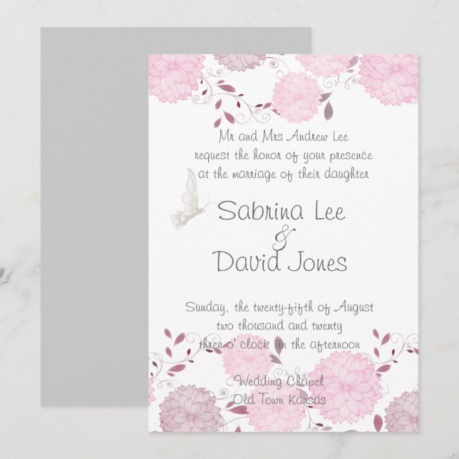 Invitación Boda de mariposas y crisantemas rosados (Anverso / Reverso)
