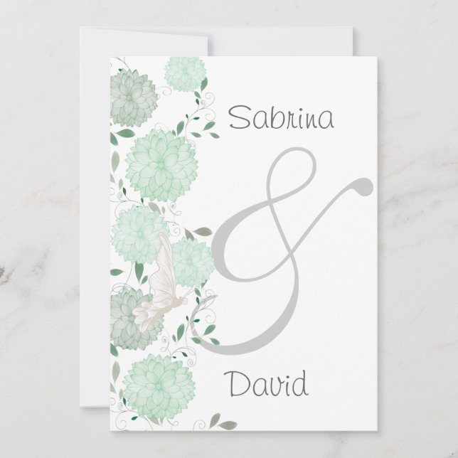 Invitación Boda de mariposas y crisantemas verdes (Anverso)