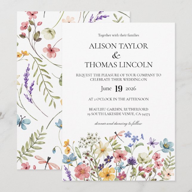 Invitación Boda de mariposas y libélulas de flores silvestres (Anverso / Reverso)