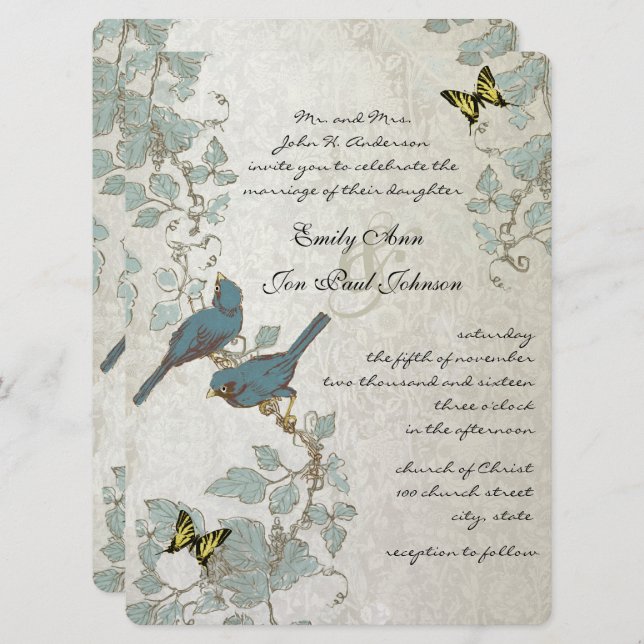 Invitación Boda de mariposas y pájaros amarillos amarillos pl (Anverso / Reverso)