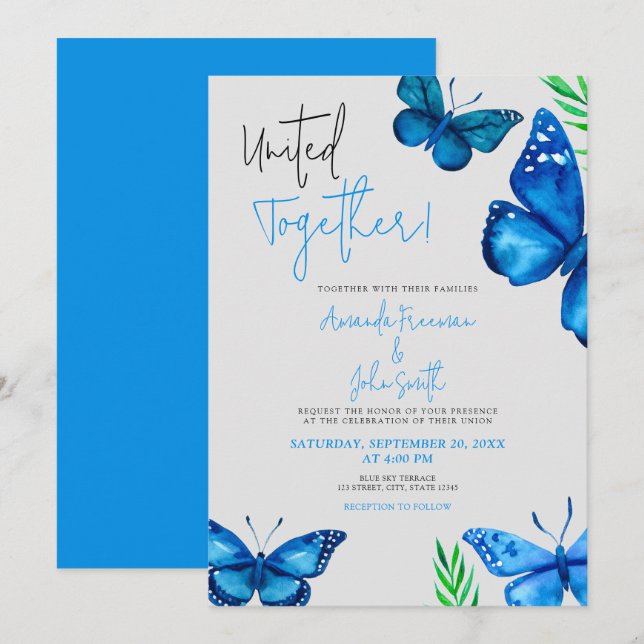 Invitación Boda de mariposas y plantas azules vibrantes (Anverso / Reverso)