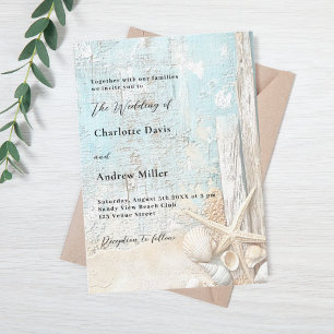Invitación Boda de mariscos azules de arena dorada