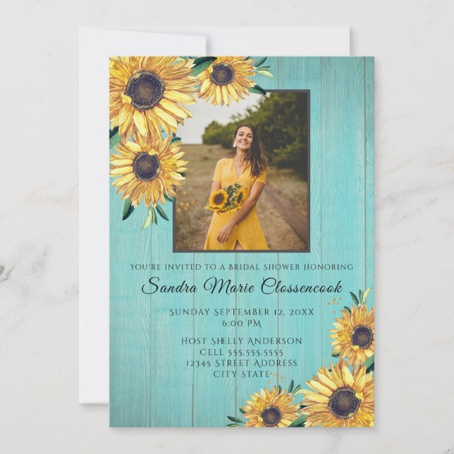 Invitación Boda de mariscos de Aqua Wood de girasol ruso duch (Anverso)