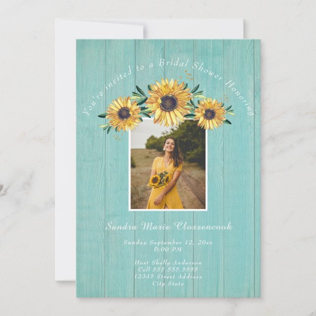 Invitación Boda de mariscos de Aqua Wood de girasol ruso duch (Anverso)