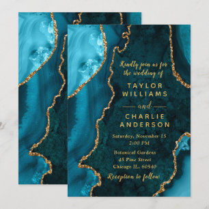 Invitación Boda de Mármol Ágata Azul Teal y Dorado