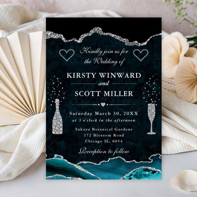 Invitación Boda de Mármol Ágata Teal y Brillo de Plata (Subido por el creador)