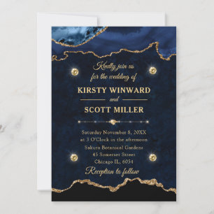 Invitación Boda de Mármol Agate Purpurina Azul y Oro de Marin