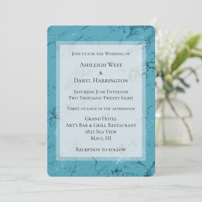 Invitación Boda de mármol azul acuático chic (Anverso de pie)