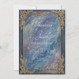 Invitación Boda de Mármol Azul Celestial Barroco de Oro Opule