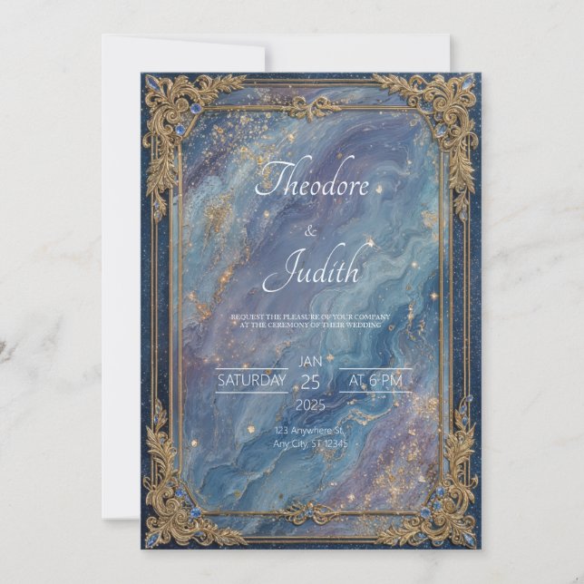 Invitación Boda de Mármol Azul Celestial Barroco de Oro Opule (Anverso)