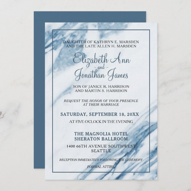 Invitación Boda de Mármol Azul Dusty Formal (Anverso / Reverso)