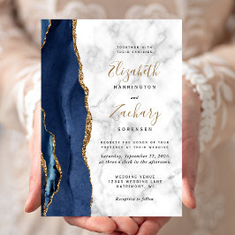 Invitación Boda de mármol azul navío moderno con oro
