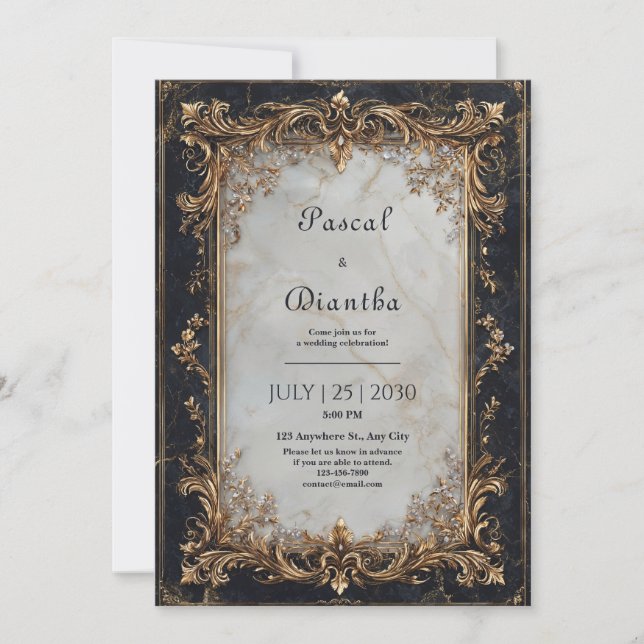 Invitación Boda de Mármol Blanco Barroco de Oro de Lujo (Anverso)