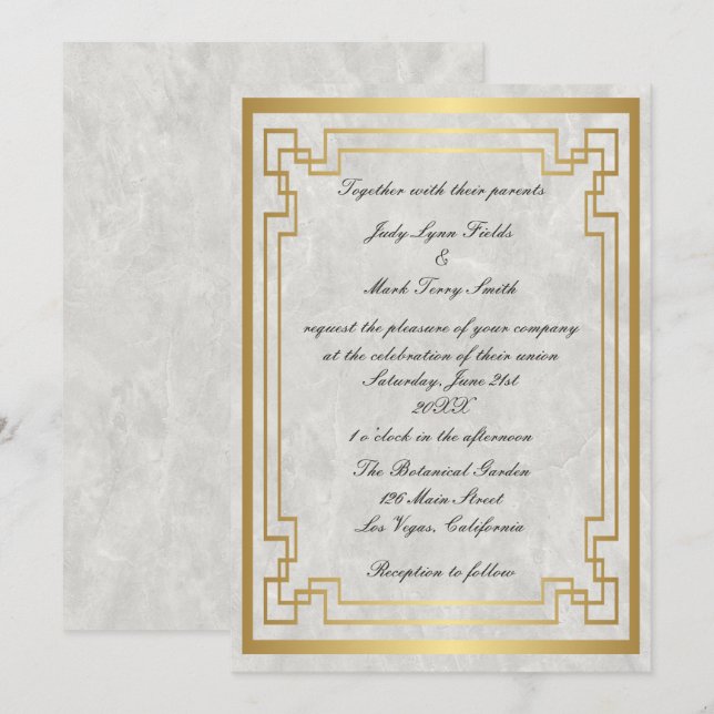 Invitación Boda de mármol blanco de marco geométrico de oro (Anverso / Reverso)