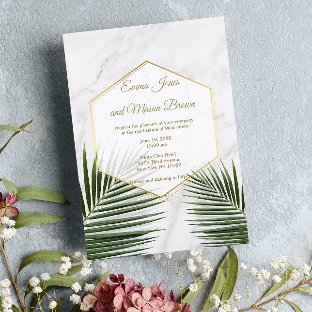 Invitación Boda de mármol blanco de palmera verde tropical (Tropical green palm tree white marble Wedding)