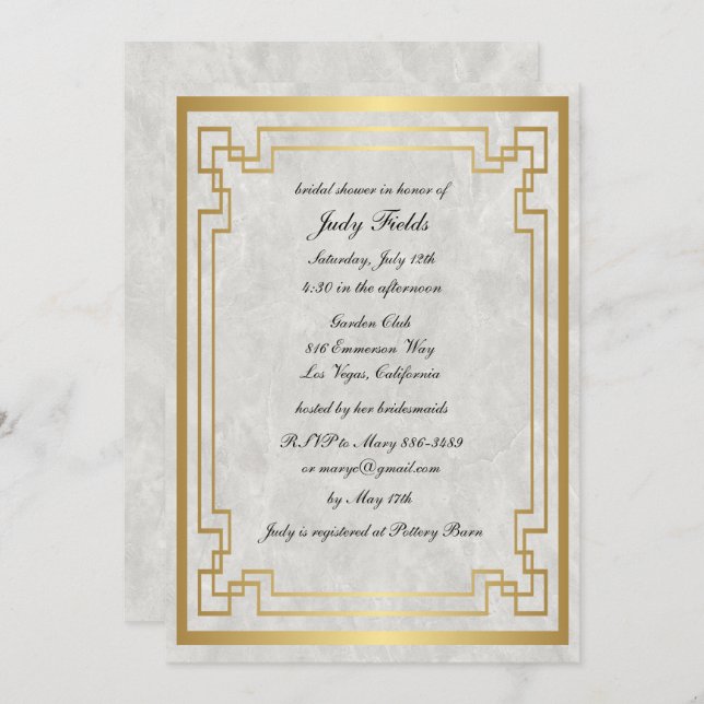 Invitación Boda de mármol blanco geométrico de oro ducha de n (Anverso / Reverso)