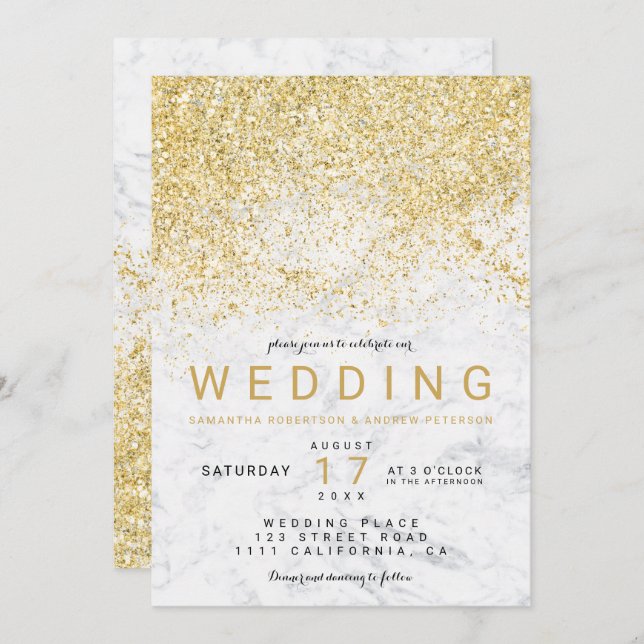 Invitación Boda de mármol blanco purpurina dorado elegante y  (Anverso / Reverso)