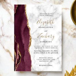 Invitación Boda de mármol burgundy moderno y oro