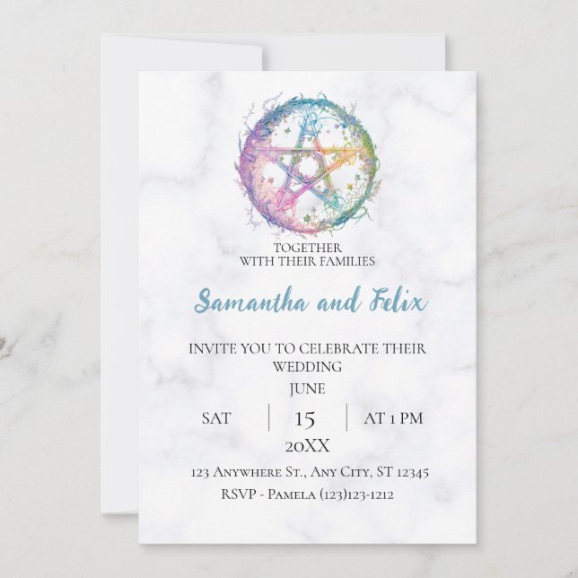 Invitación Boda de mármol celestial pentáculo pastel mágico (Anverso)