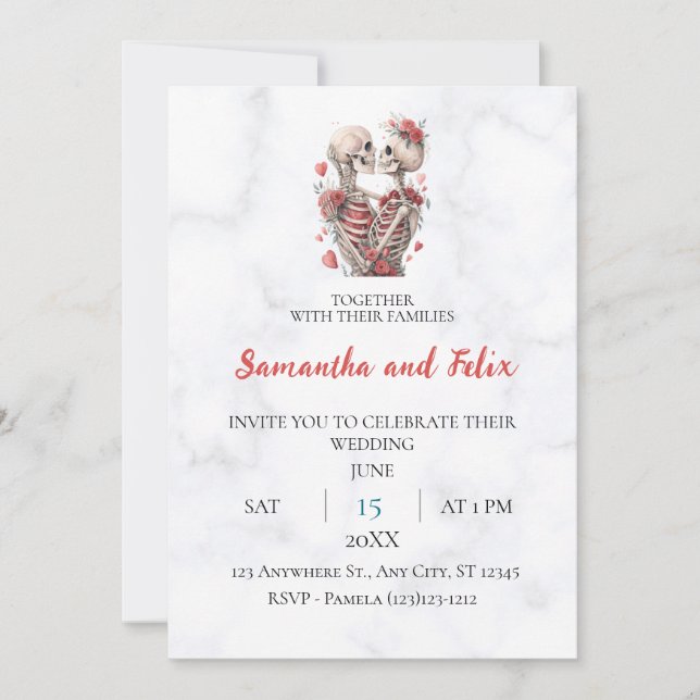 Invitación Boda de mármol con abrazo de rosa esquelética (Anverso)