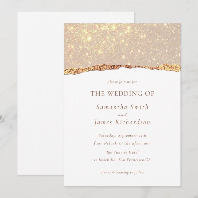 Invitación Boda de mármol con brillo de oro blanco  (Anverso / Reverso)