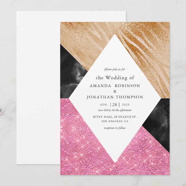 Invitación Boda de mármol con brillo geométrico glam (Anverso / Reverso)