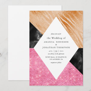 Invitación Boda de mármol con brillo geométrico glam