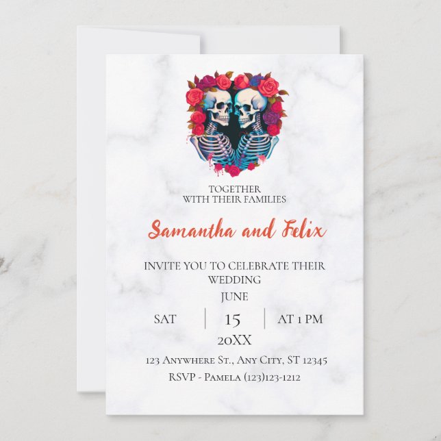 Invitación Boda de mármol con corazón de rosa esquelética (Anverso)