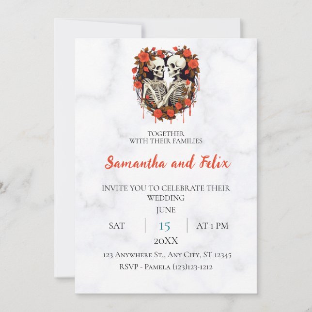 Invitación Boda de mármol con corazón de rosa esquelética (Anverso)