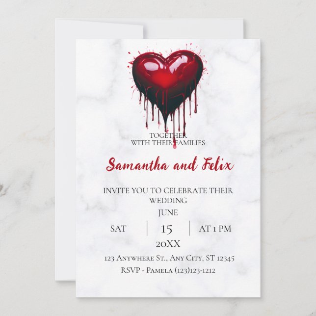 Invitación Boda de Mármol con Corazón Rojo Goteante (Anverso)