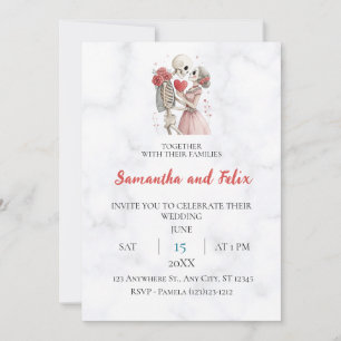 Invitación Boda de mármol con corazón rosa esqueleto